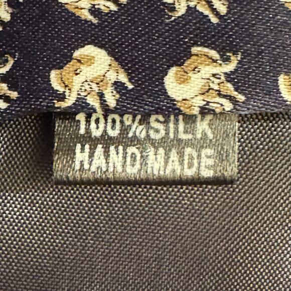 Thailand Men's Deep Navy Hand-Made 100% Silk Tie Elephant Print Eclectic Preppy - Picture 5 of 7